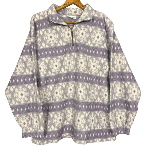 Vintage 90s Snowflake Purple Fleece Pullover, Cozy Nordic Cabincore Sweater - Picture 1 of 7